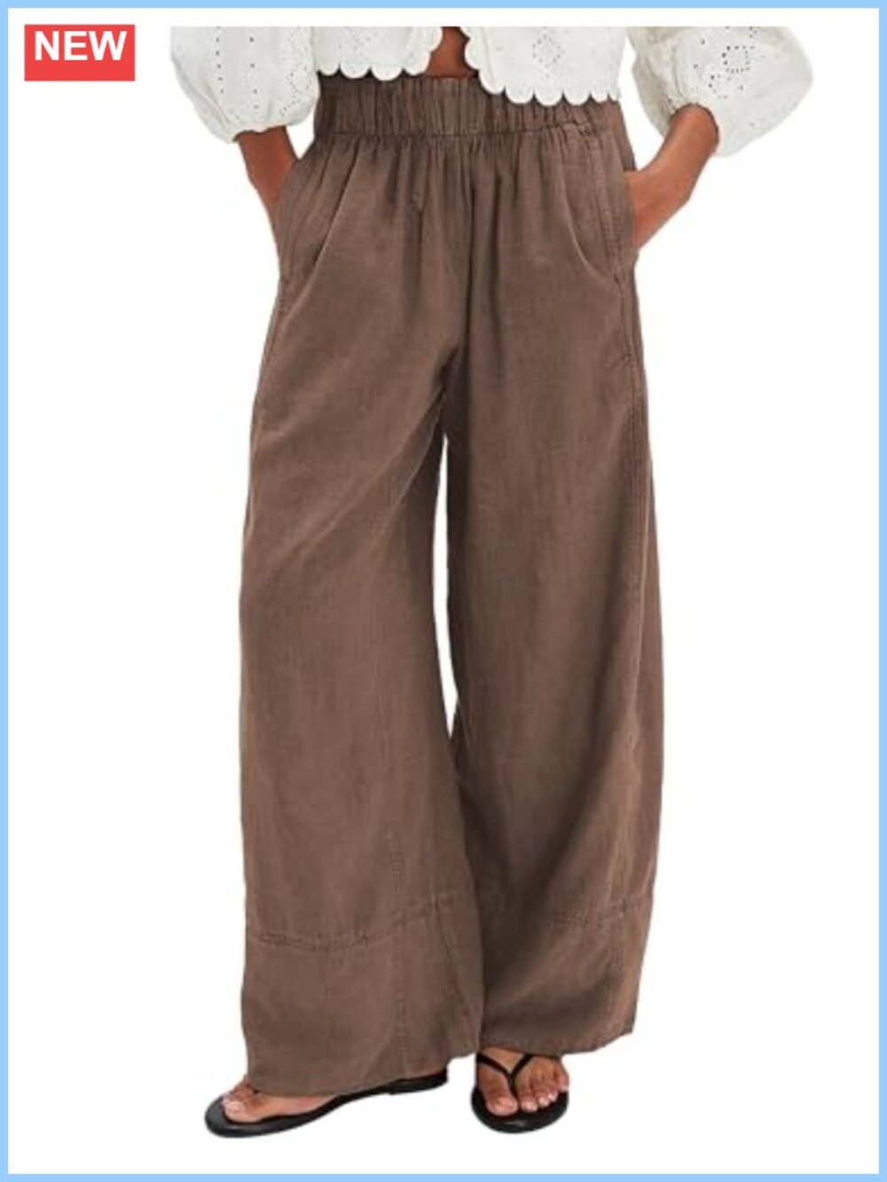 Women's Linen Blend Wide Leg Palazzo Pants Elastic Waist Pockets